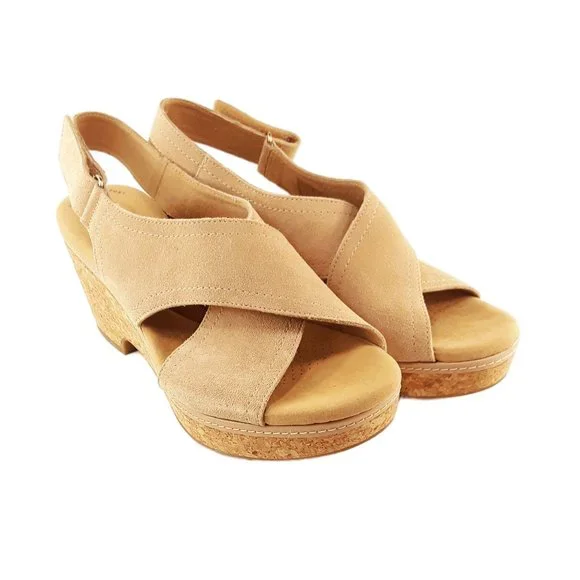 Clarks Comfort Collection Tan Annadel Eirwyn Suede Wedge Sandal- Womens Sz 11M - Picture 4 of 7